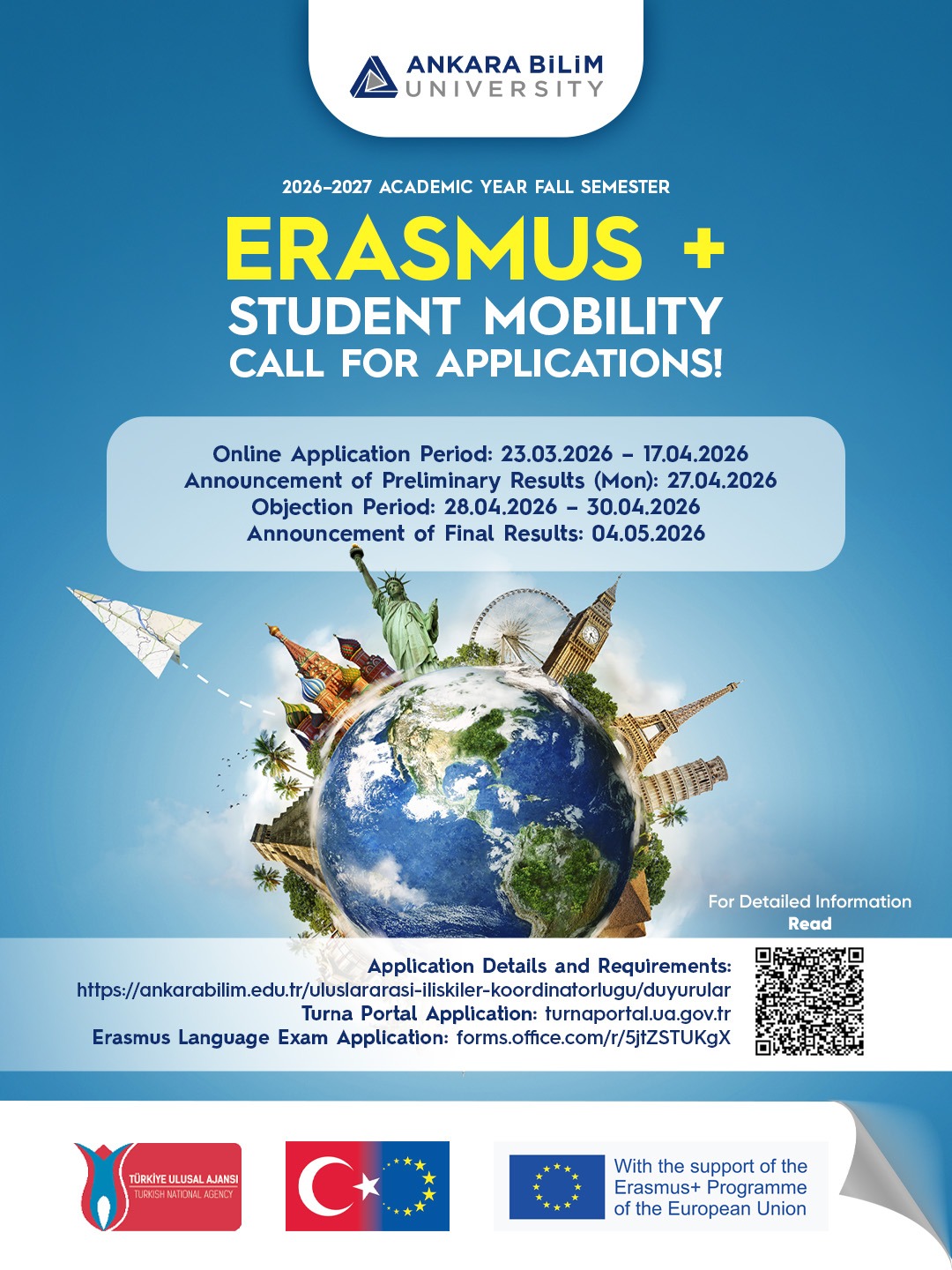 2026-2027 Akademik Yılı Güz Dönemi Erasmus Öğrenci Öğrenim İlanı