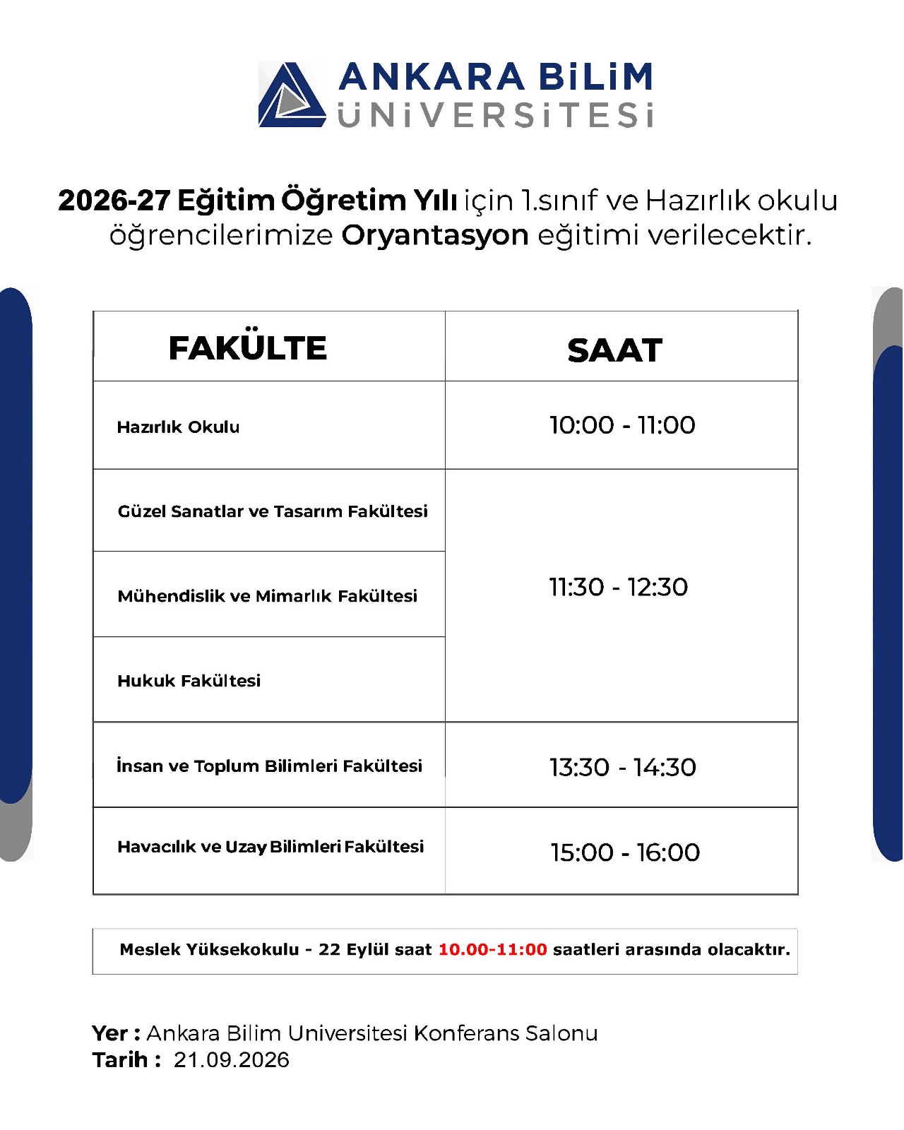 2026-2027 Eğitim Öğretim Yılı 1. Sınıf ve Hazırlık Okulu Öğrencileri Oryantasyon Eğitimi