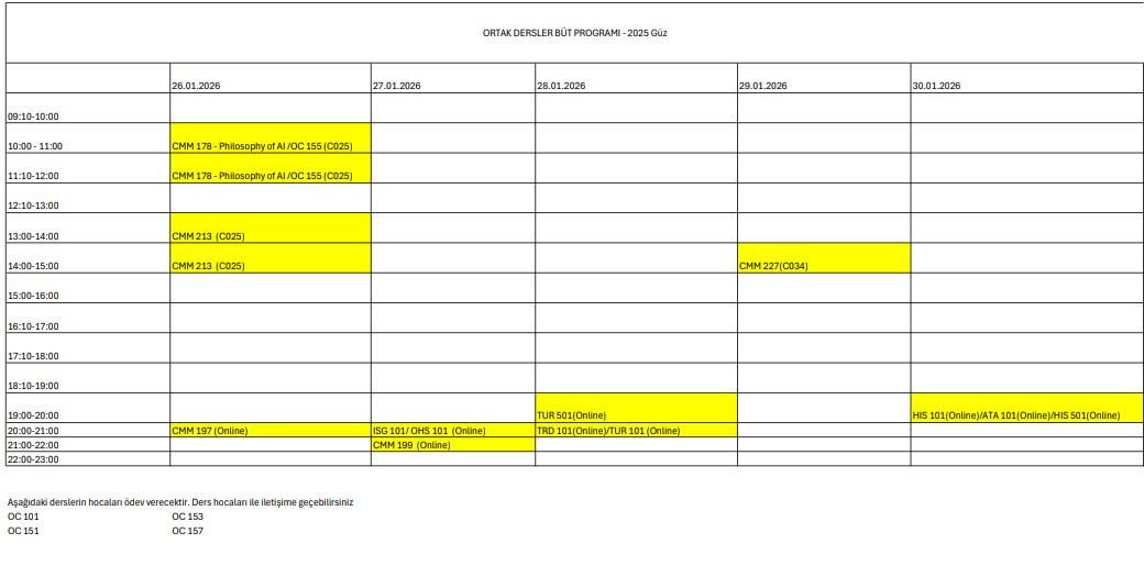 Ortak dersler bütünleme sınav takvimi