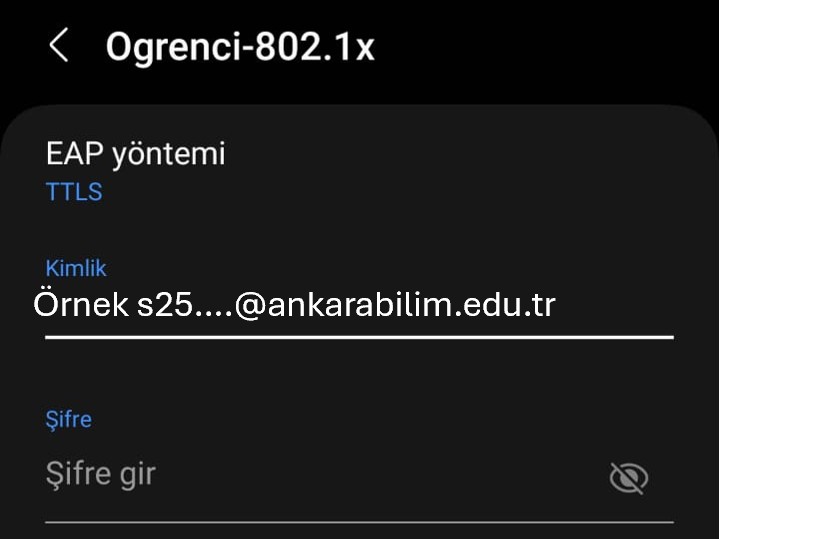 Android Ogrenci-802.1x kimlik ve şifre giriş alanları