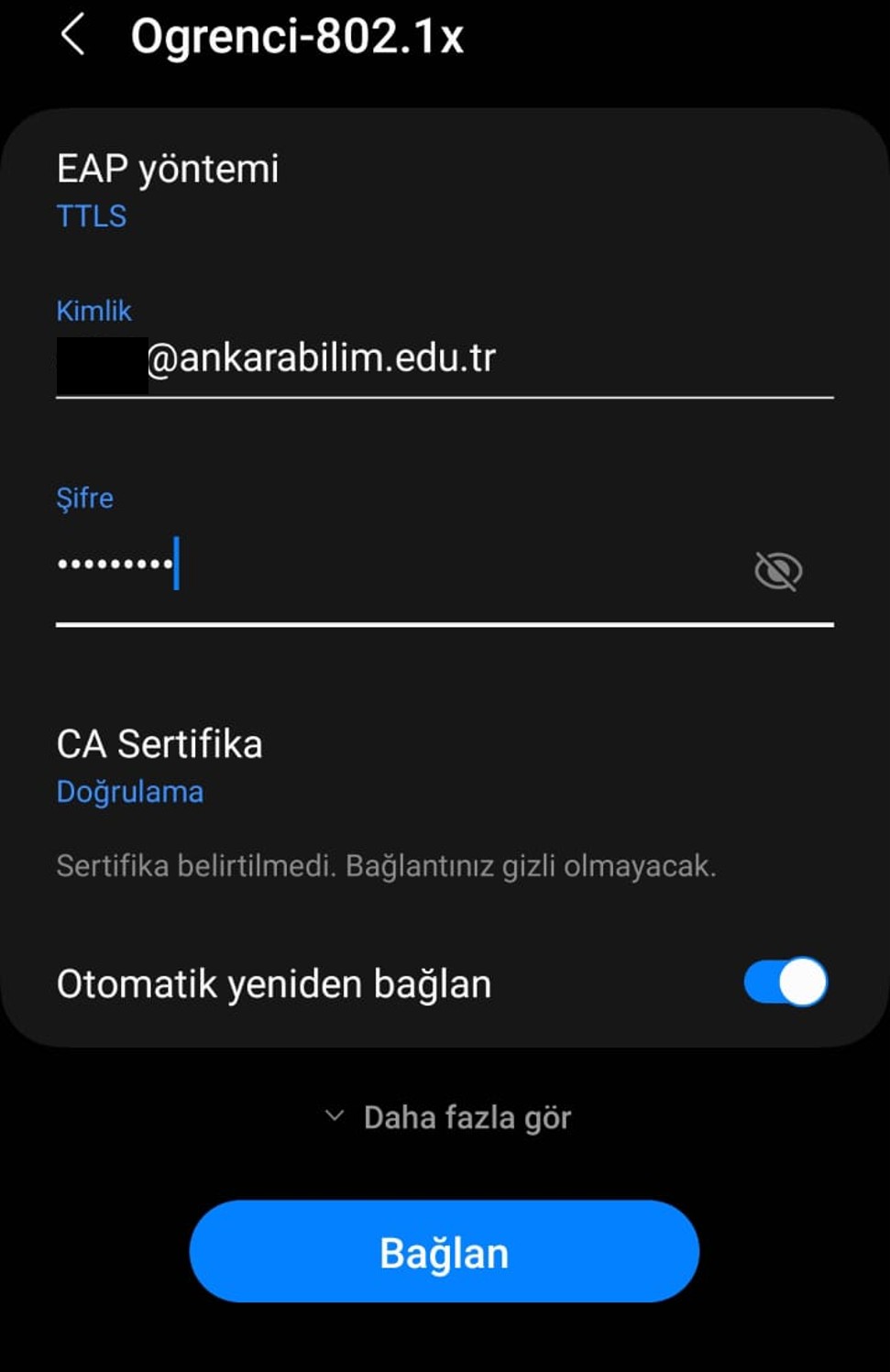 Android Ogrenci-802.1x ağına Bağlan düğmesi
