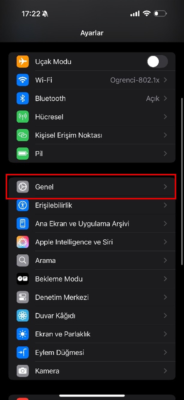 iOS Ayarlar menüsünde Genel seçeneği