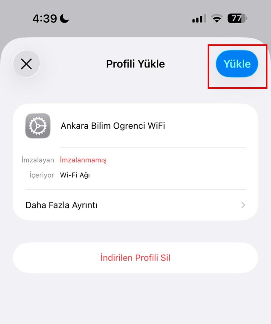 iOS Profili Yükle ekranı
