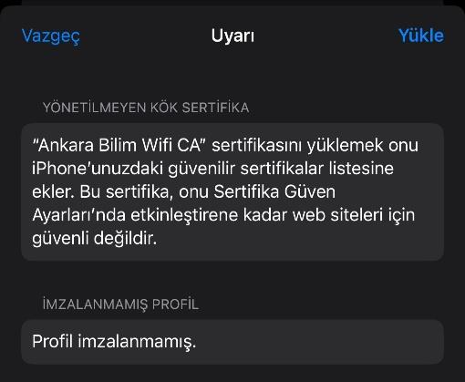 iOS sertifika yükleme uyarısı