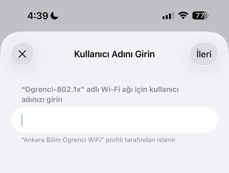 iOS kablosuz ağ kullanıcı adı giriş ekranı
