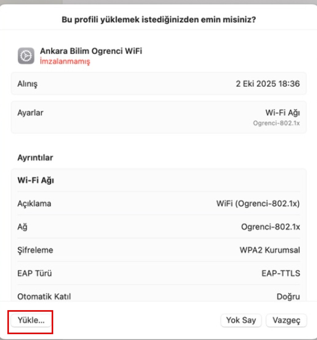 macOS Ankara Bilim Öğrenci WiFi profilini yükleme ekranı