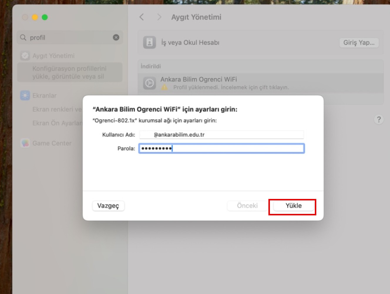 macOS Ankara Bilim Öğrenci WiFi kullanıcı adı ve parola giriş ekranı