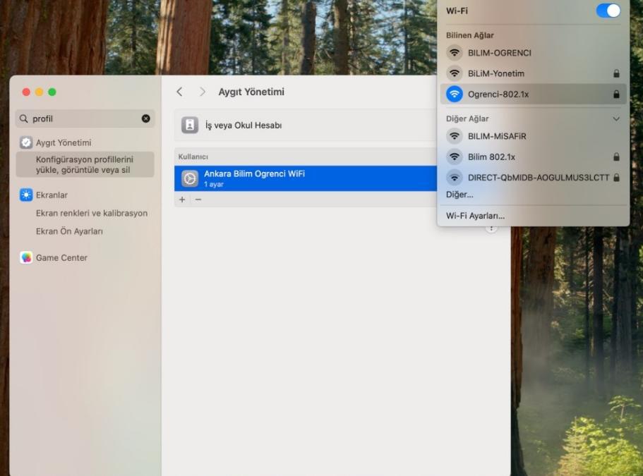 macOS cihazın Ogrenci-802.1x kablosuz ağına başarıyla bağlanması