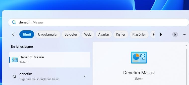 Windows arama alanından Denetim Masasının açılması