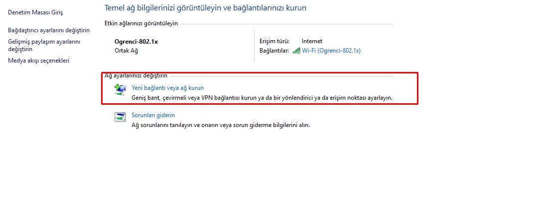 Ağ ve Paylaşım Merkezinde Yeni bağlantı veya ağ kurun seçeneği