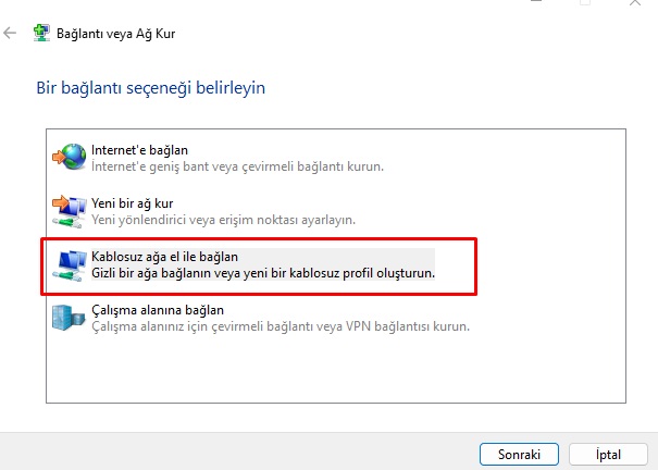 Windows Kablosuz ağa el ile bağlan seçeneği
