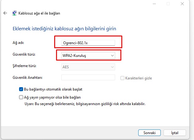 Windows Ogrenci-802.1x ağ adı ve WPA2-Kuruluş güvenlik türü ayarları