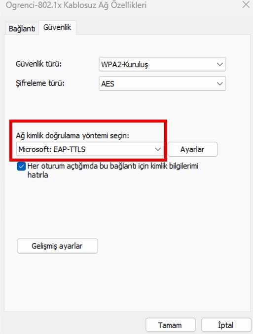 Windows Ogrenci-802.1x ağ özelliklerinde Microsoft EAP-TTLS seçeneği
