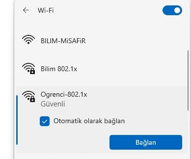 Windows Wi-Fi menüsünde Ogrenci-802.1x ağına bağlanılması