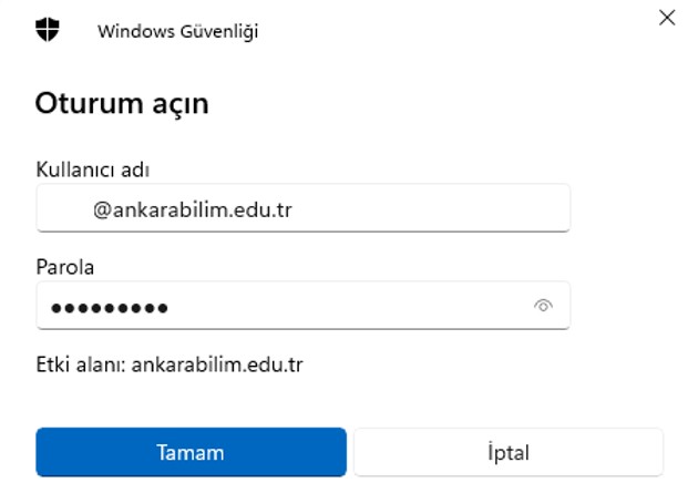 Windows Güvenliği ekranında öğrenci e-posta adresi ve parola girişi
