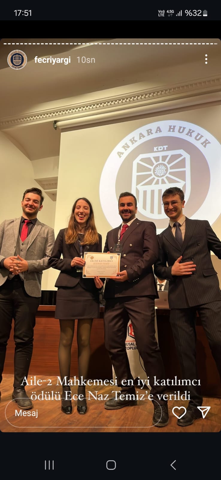 Faculty Student Fecri Yargı was selected as the Best Participant at the Fictitious Trial Conference.