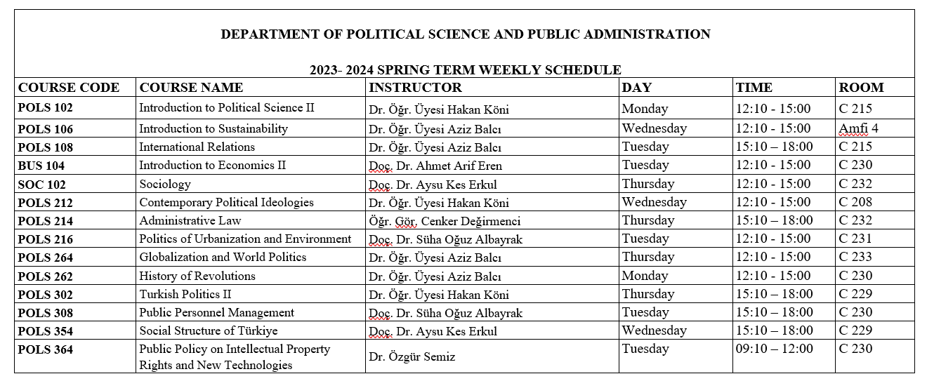 2023-2024 Academic Year Spring Term Weekly Schedule