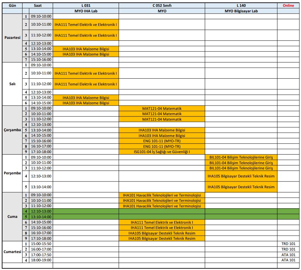 Haftalık Ders Programı (TRD ve ATA dersleri güncellendi)