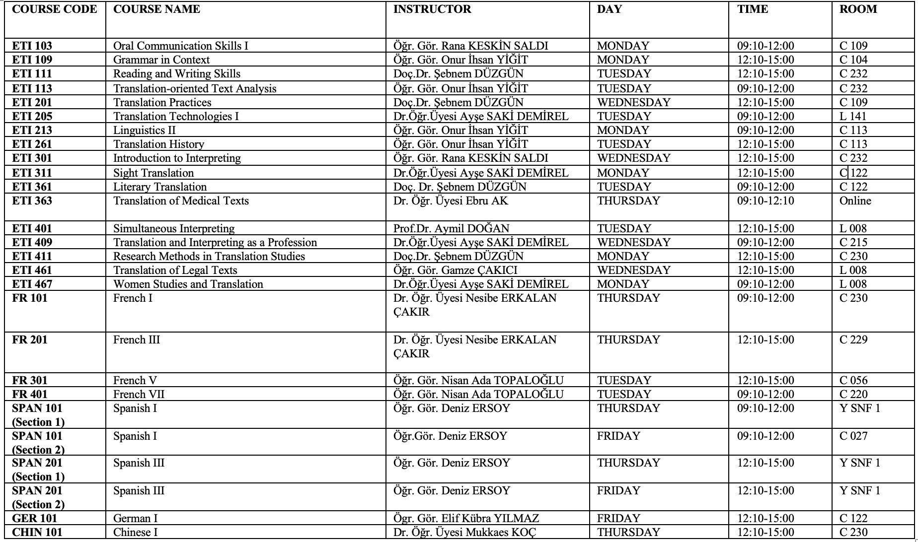 2024-2025 Güz Dönemi Haftalık Ders Programı