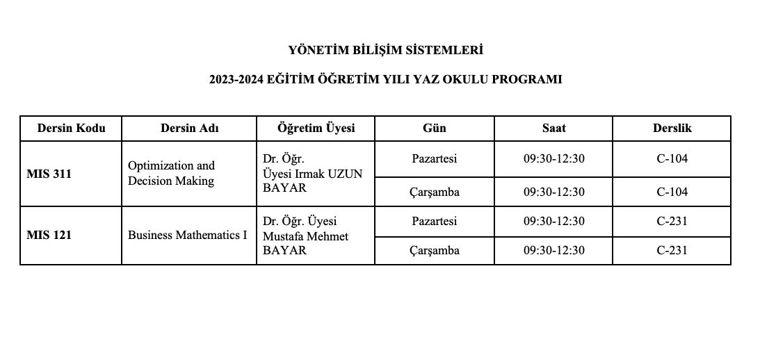 Yaz okulu programı yayınlanmıştır.