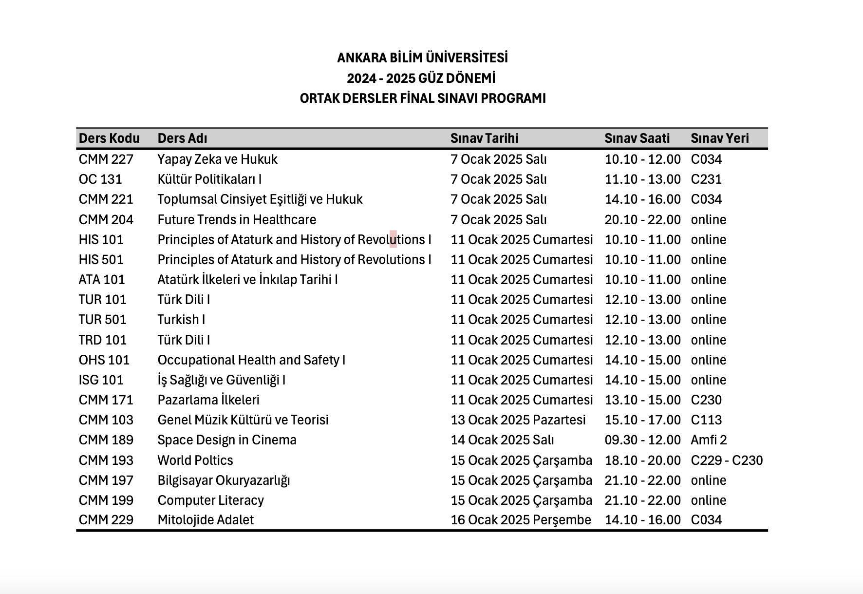Ortak Dersler Sınav Programı