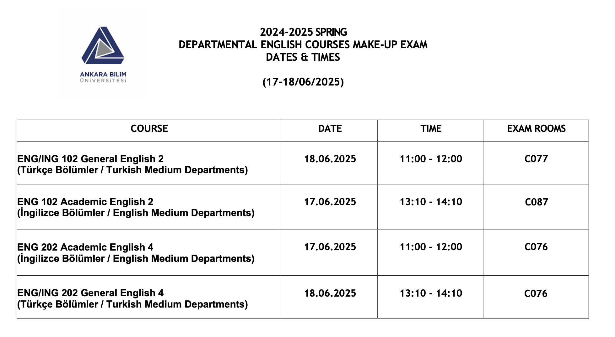ENG Kodlu Dersler İçin Bütünleme Programı