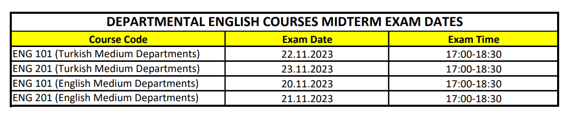 2023 - 2024 Güz Dönemi İngilizce Sınavları