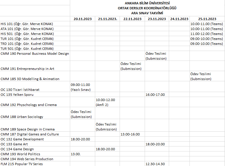 2023 - 2024 Güz Dönemi Ortak Dersler Vize Takvimi