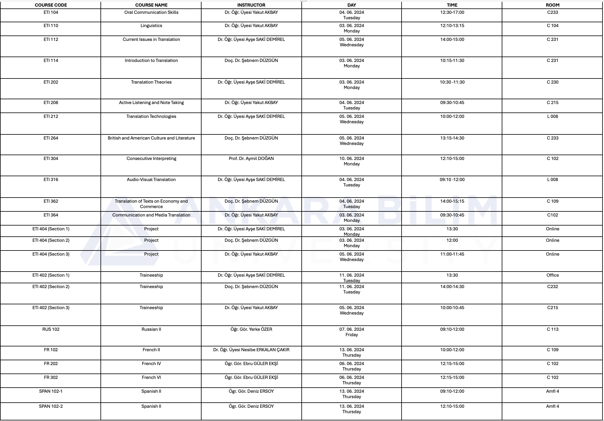 2023-2024 Akademik Yılı Bahar Dönemi Final Sınavı Takvimi