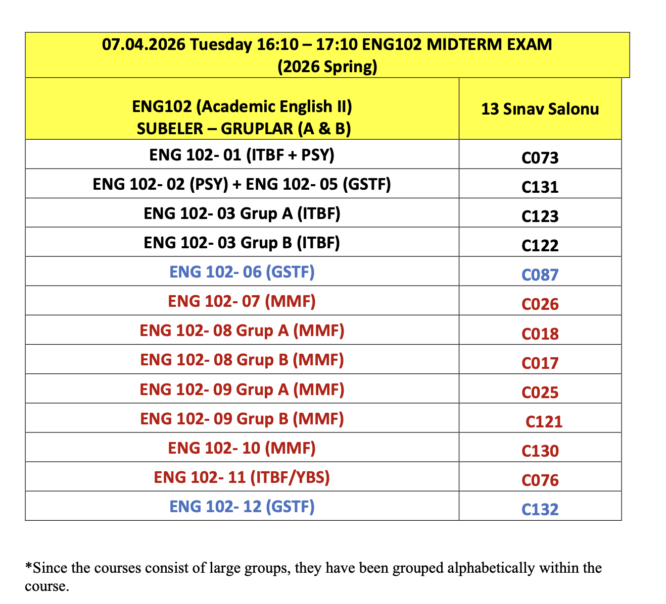 Midterm Exam Hall Information for Departmental English (ENG-102) Courses – Spring Semester 2025–2026