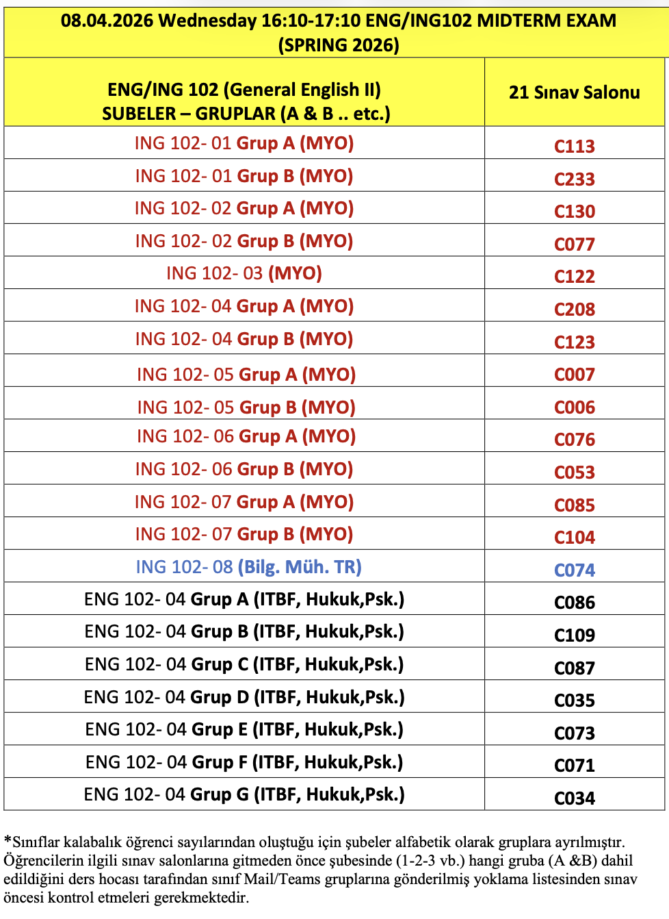 Midterm Exam Hall Information for Departmental English (ING-102) Courses – Spring Semester 2025–2026