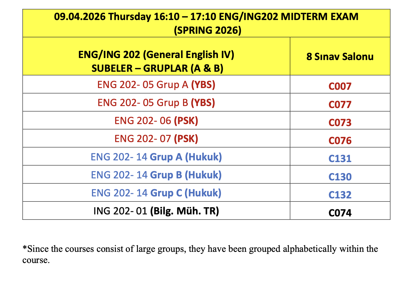 Midterm Exam Hall Information for Departmental English (ING-202) Courses – Spring Semester 2025–2026