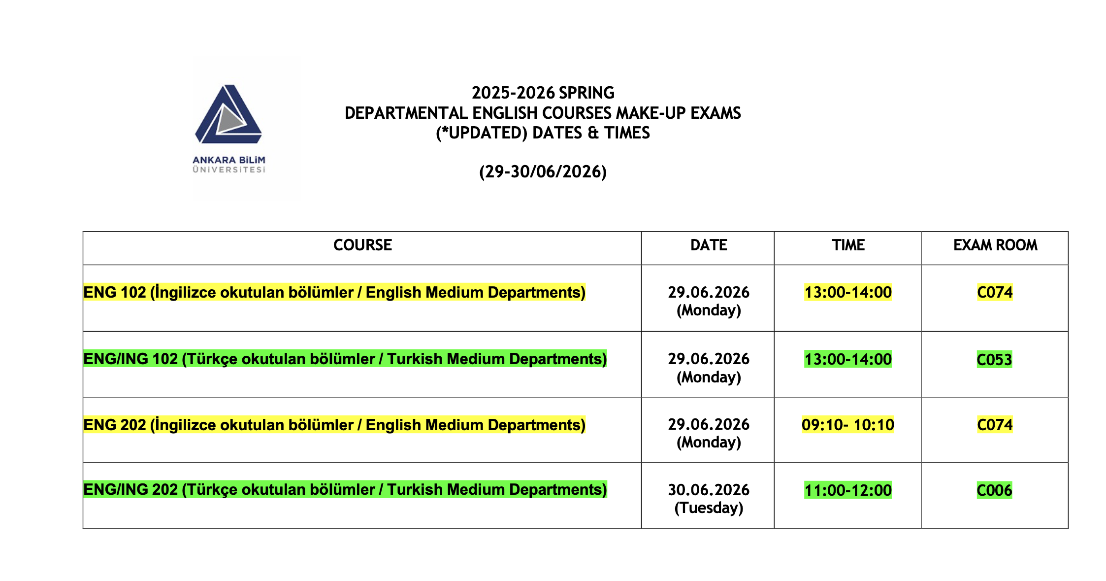 Make-up Exam Dates for ENG Courses